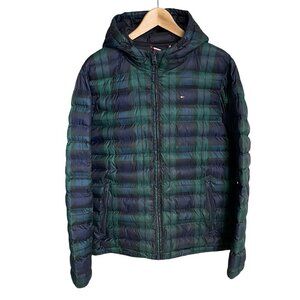 Tommy Hilfiger Men's Puffer Jacket Plaid Blue Green Lightweight Hood Size M